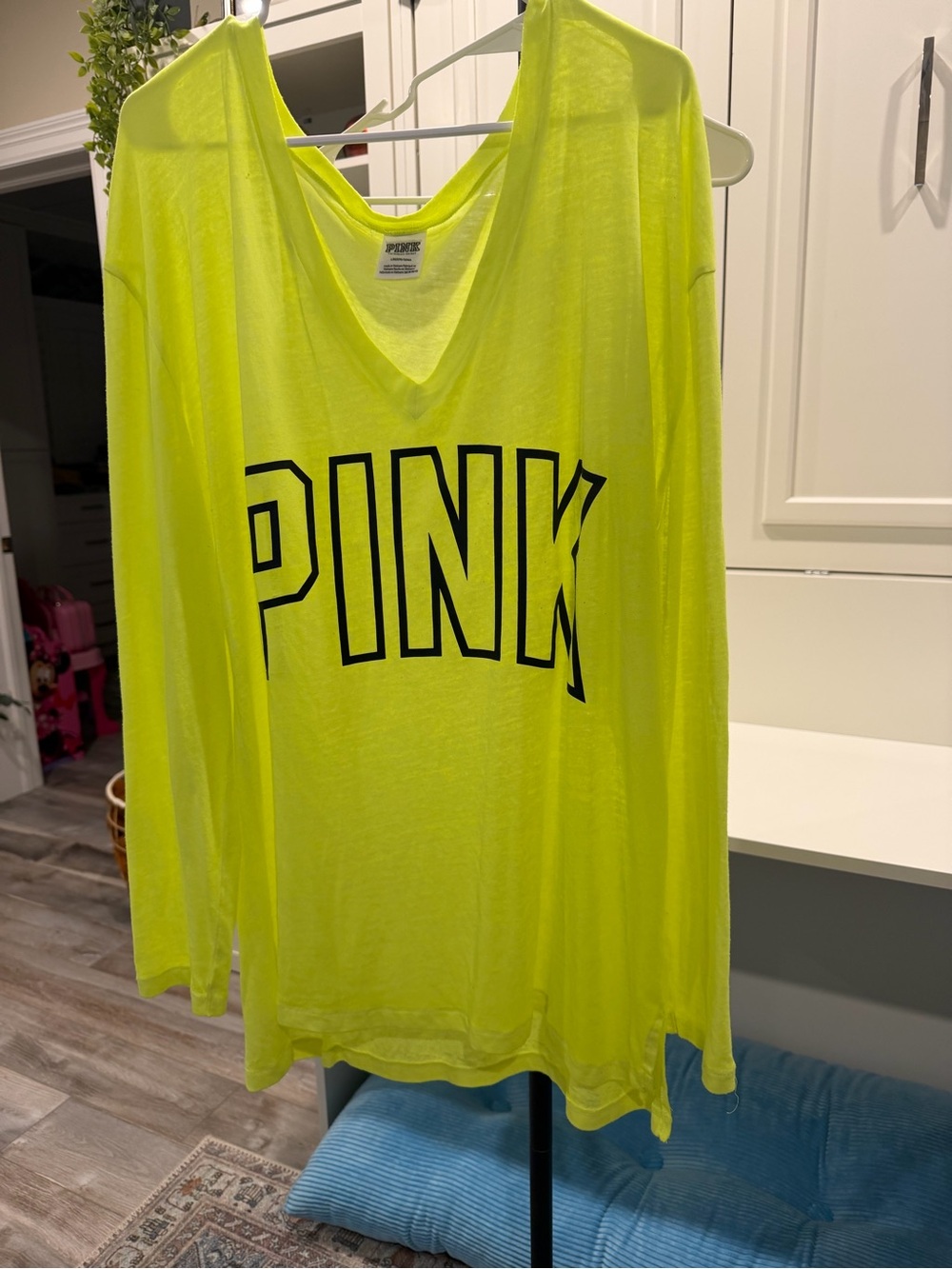 Oversized PINK Victoria's Secret Women's Neon Yellow Long Sleeve V-Neck Top